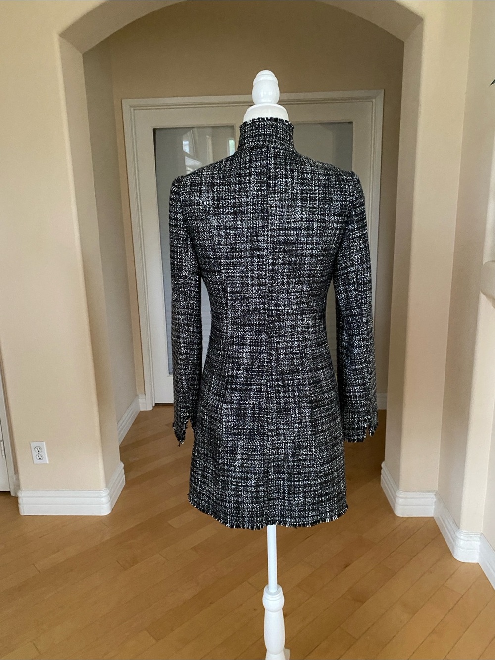 White House Black Market Black, Silver and White Tweed Fringe-Edge Coat - Picture 3 of 8